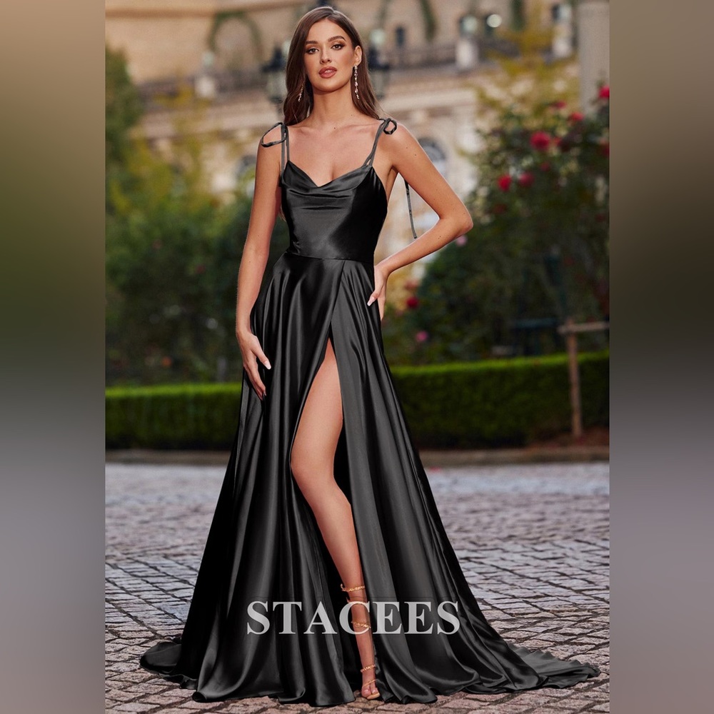 Brand new black satin prom dress from Stacees